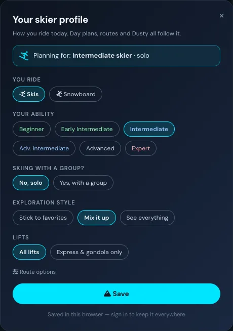 Customize your skier profile and preferences