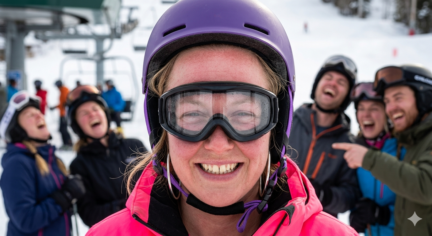 Skier with a massive gaper gap between helmet and goggles