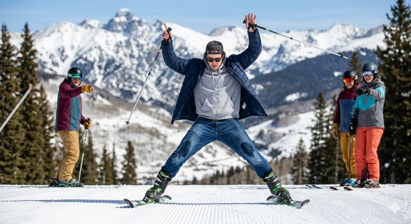 Skier in jeans tucked into ski boots while other skiers point and laugh