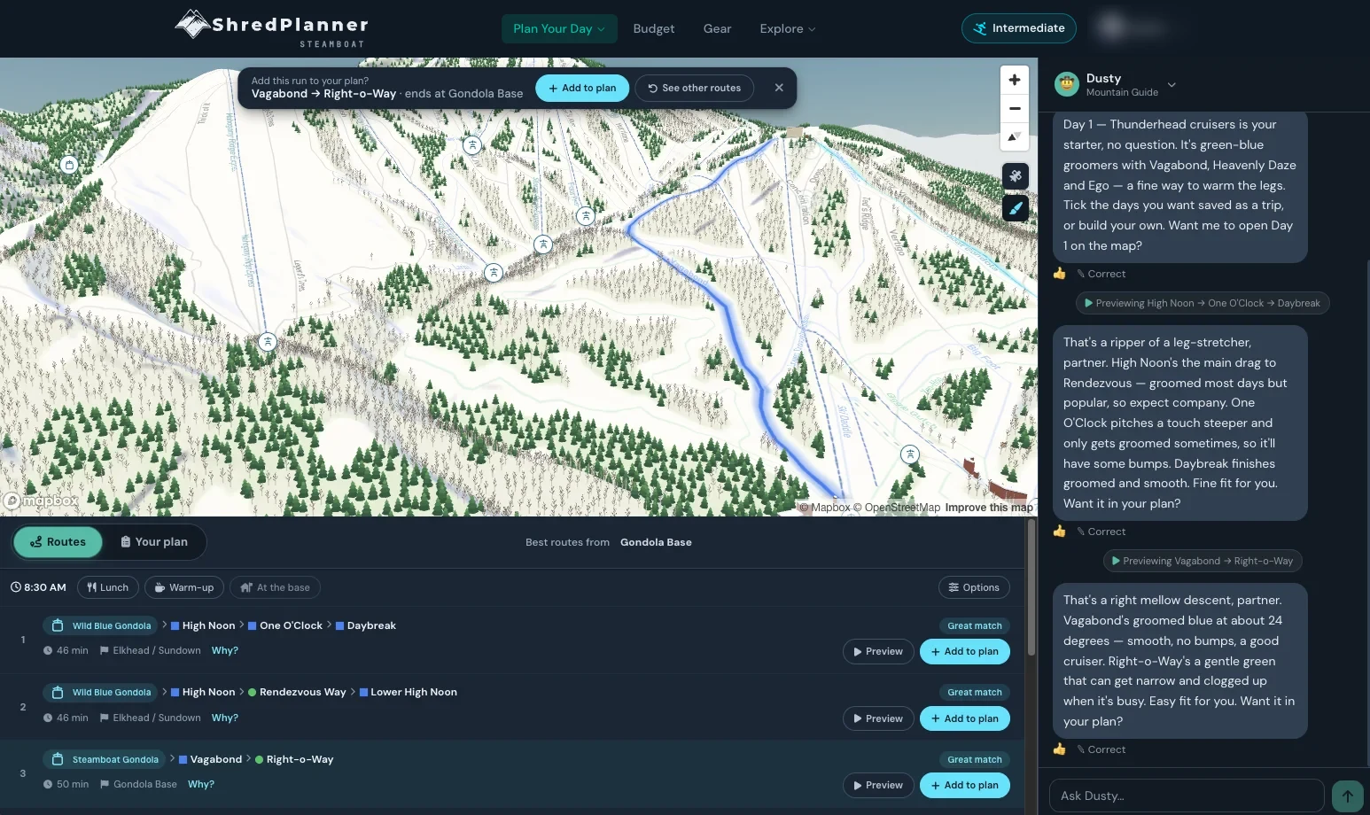 ShredPlanner's planner: a run previewed on the illustrated 3D map of Steamboat, scored route options, and Dusty the mountain guide talking it through