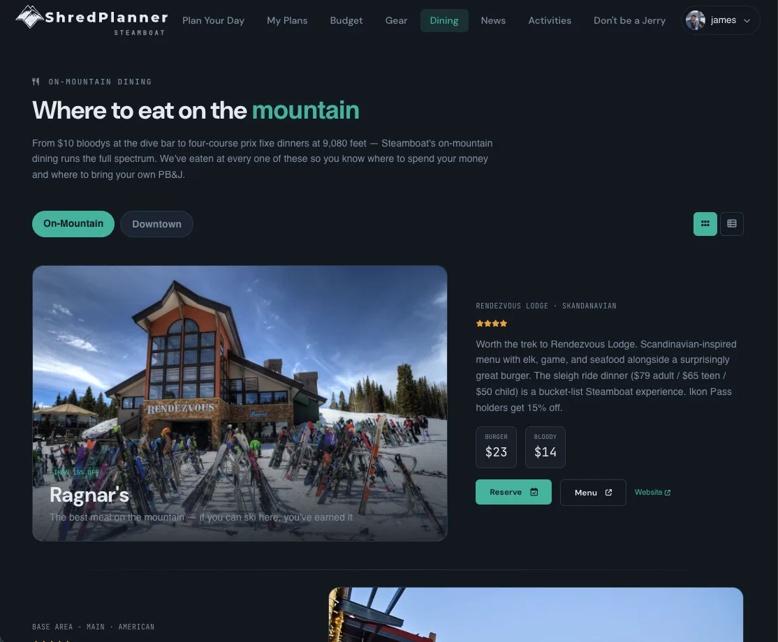 Mountain dining guide with restaurant reviews and reservation links