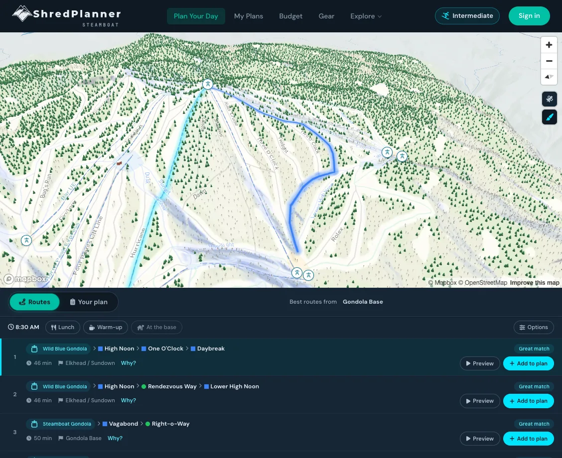 Scored and ranked route options with map preview